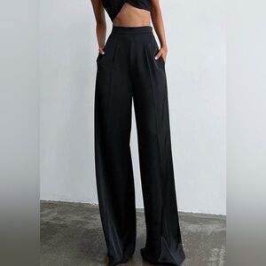 Commense Oversized Satin Wide Leg Dress Pants Black